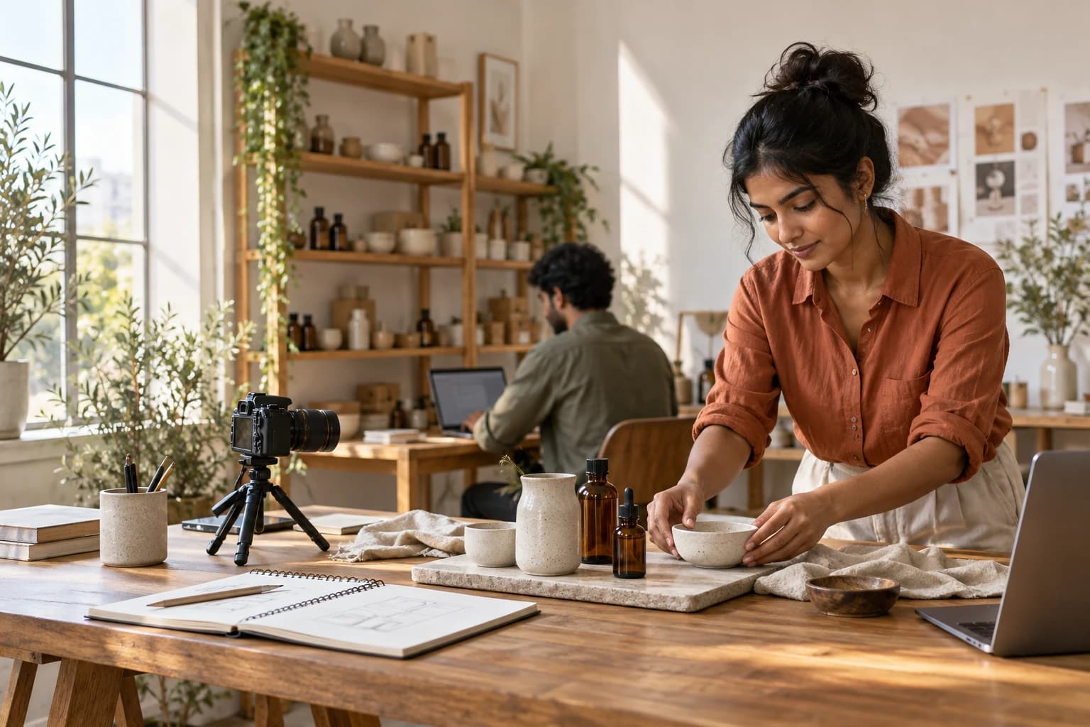 Independent creators working in a sunlit design studio